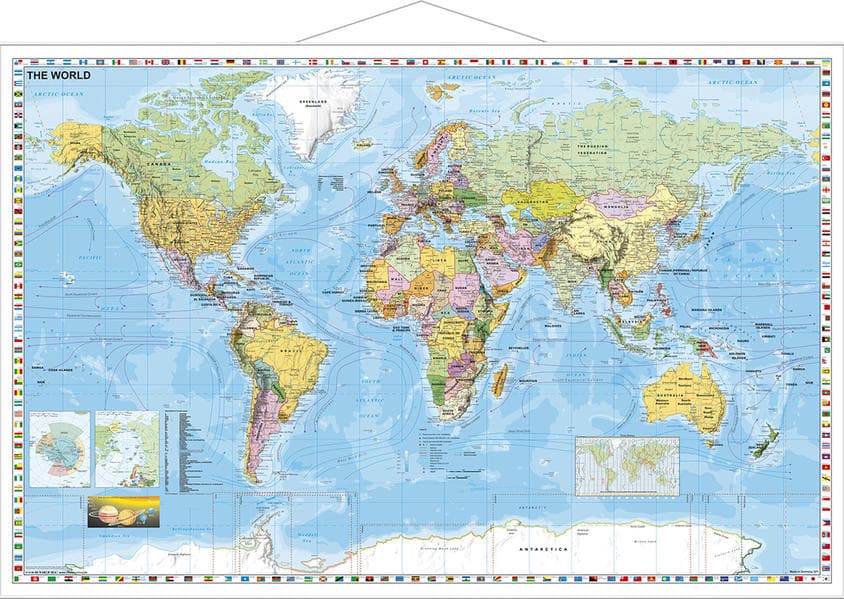 Stiefel Wandkarte Großformat Weltkarte, politisch mit Flaggenrand, englische Ausgabe, mit Metallstäb