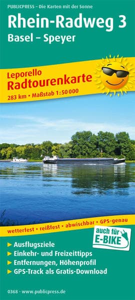 Radwanderkarte Rhein-Radweg 3, Basel - Speyer 1 : 50 000