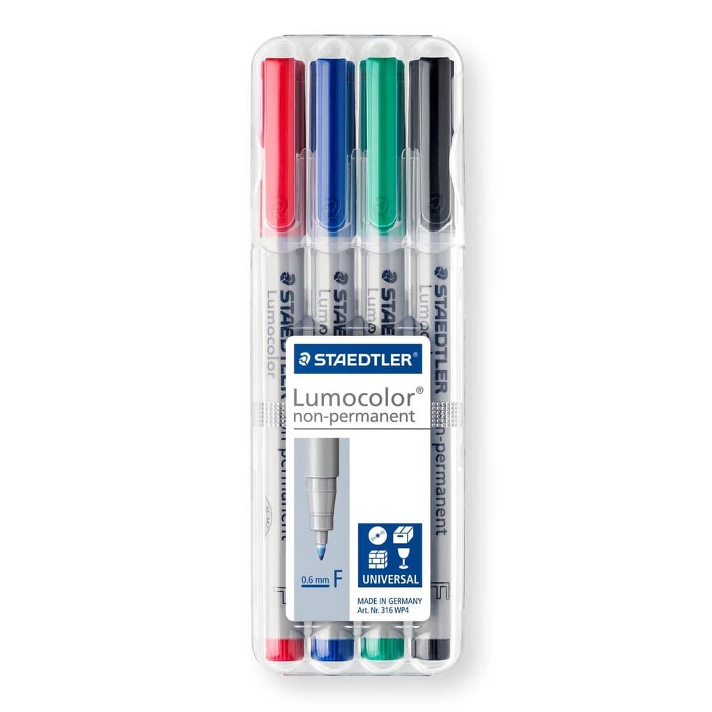 Lumocolor Folienstifte in Aufstellbox, wasserlöslich, 4 Stifte, Schriftstärke F