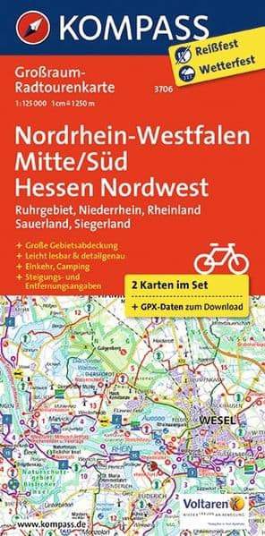 KOMPASS Großraum-Radtourenkarte 3706 Nordrhein-Westfalen Mitte/Süd, Hessen Nordwest 1:125.000