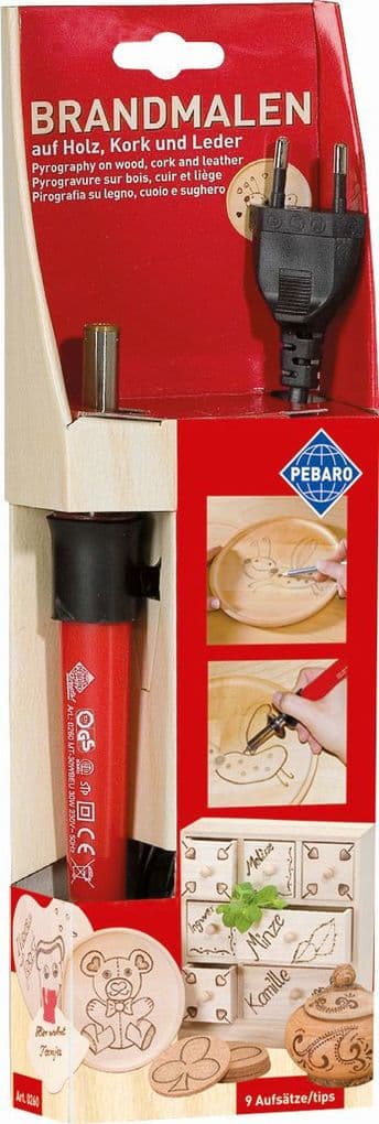 Brandmalkolben mit 9 Aufsätzen Euro Stecker 230V/30W