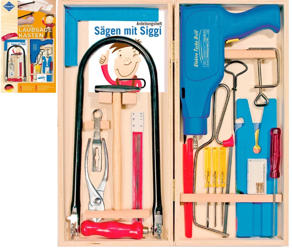PEBARO 455 - Laubsäge-Kasten im Holz-Klappkasten mit elektrischer Bohrmaschine, Werkzeugkasten