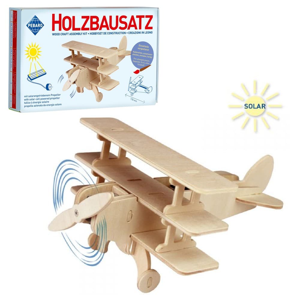 PEBARO 830/5 - Solar Holzbausatz Dreidecker, 17-teilig, Flugzeug Holzkonstruktion mit solarangetriebenem Propeller