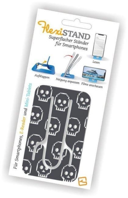 Flexistand (Totenkopf) - flexibler Handyaufsteller - für alle Handys und Mini-Tablets - superflach - stufenlos verstellbar - hochkant und quer - passt in jede Hosentasche