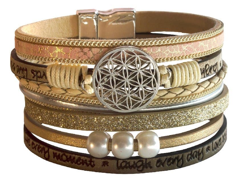 Armband "Blume des Lebens" Kunstleder beige, Metall silberfarben