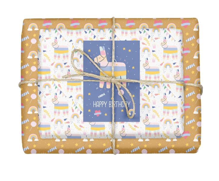 Geschenkpapier-Set für Kinder: Lama-Pinata: 4x Einzelbögen + 1x Postkarte