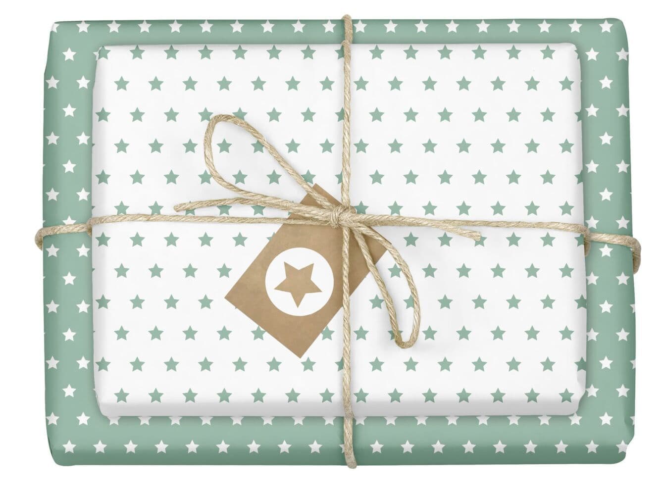 Geschenkpapier-Set Sterne (mint-grün, weiß): 4x Einzelbögen + 4x Anhänger