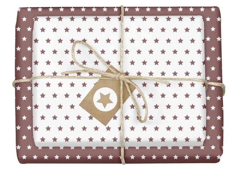 Geschenkpapier-Set Sterne (rot-braun, weiß): 4x Einzelbögen + 4x Anhänger