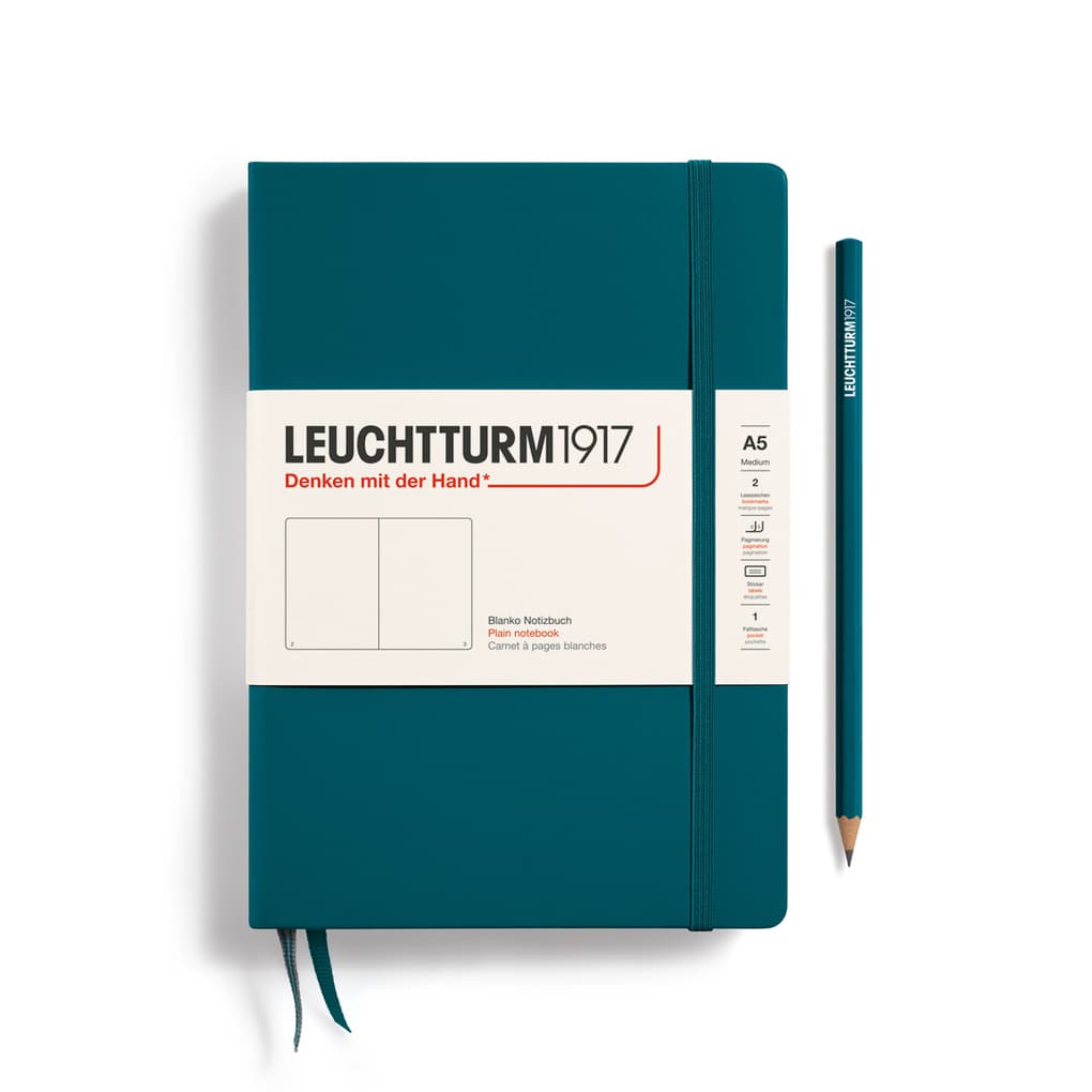 Notizbuch Medium (A5), Hardcover, 251 nummerierte Seiten, Pacific Green, Blanko