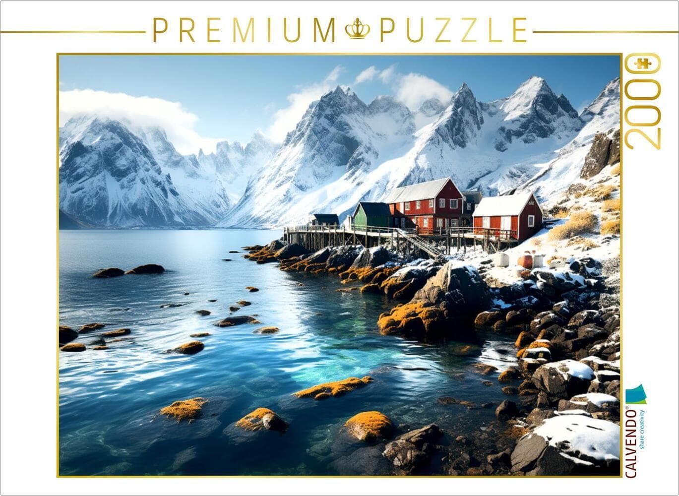 CALVENDO Puzzle Rote Häuser | 2000 Teile Lege-Größe 90x67cm Foto-Puzzle für glückliche Stunden: KI generiertes Gemälde von roten Holzhäusern am Fjord