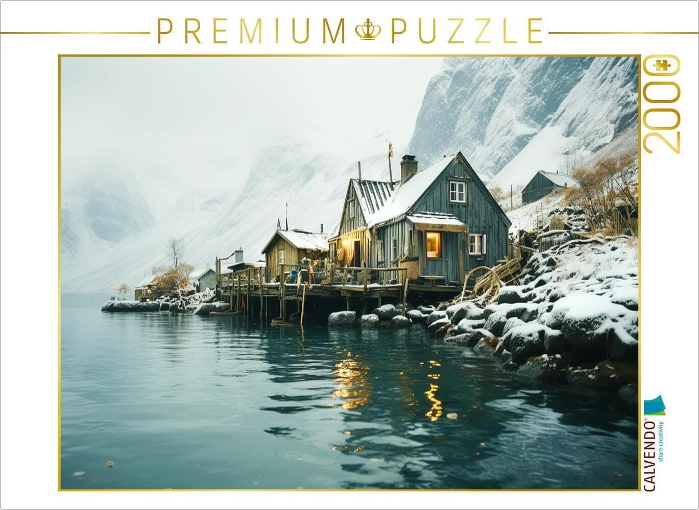 CALVENDO Puzzle Nebeltag | 2000 Teile Lege-Größe 90x67cm Foto-Puzzle für glückliche Stunden: KI generiertes Gemälde von Holzhäusern am Fjord
