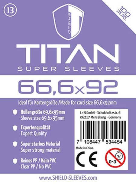 Shield Sleeves 1024475 - Shield Titan 13, 100 Super Sleeves für Kartengröße 66,6 x 92 mm, Spielkarten-Schutzhüllen