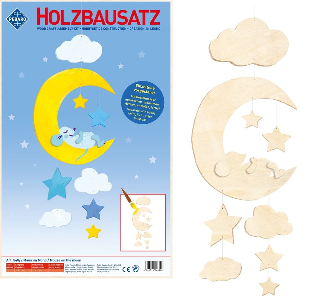 PEBARO 848/9 - Holzbausatz Mobile Maus im Mond, 15 Teile, Holzkonstruktion zum Zusammenstecken