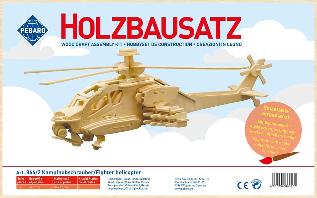 PEBARO 866/2 - Holzbausatz Kampfhubschrauber, 86 Teile, Holzkonstruktion zum Zusammenstecken