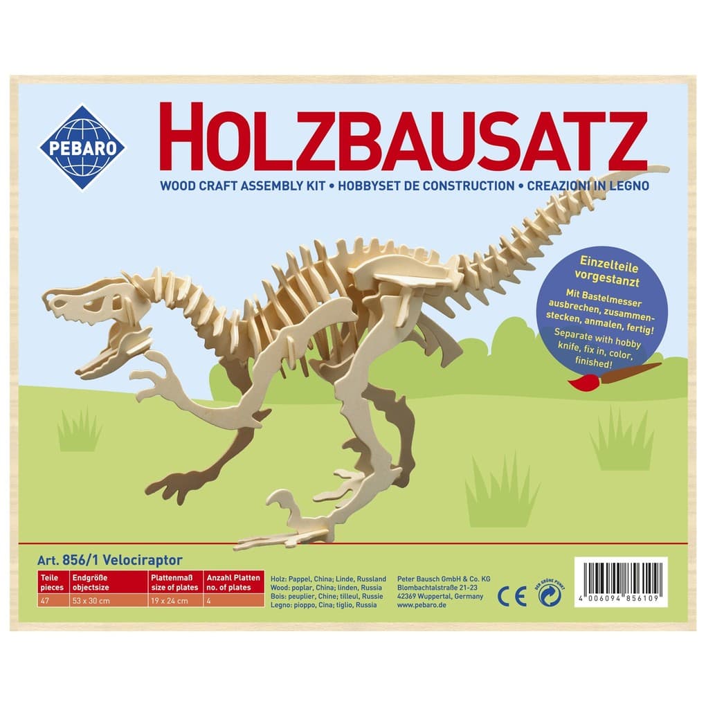 PEBARO 856/1 - Holzbausatz Dinosaurier Velociraptor, 47 Teile, Holzkonstruktion zum Zusammenstecken