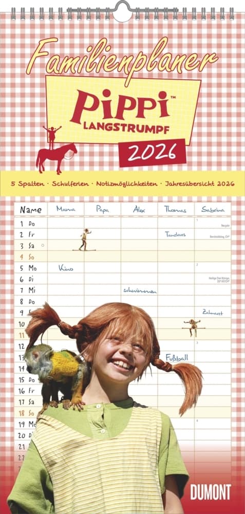 Familienplaner Pippi Langstrumpf 2026 - Familien-Timer 22x45 cm - mit Ferienterminen - 5 Spalten