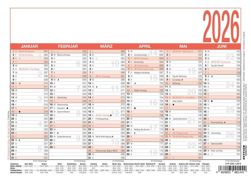 Zettler Arbeitstagekalender A5 2026 - Bürokalender 21 × 15 cm, 6 Monate pro Seite, Arbeitstage-, Tag