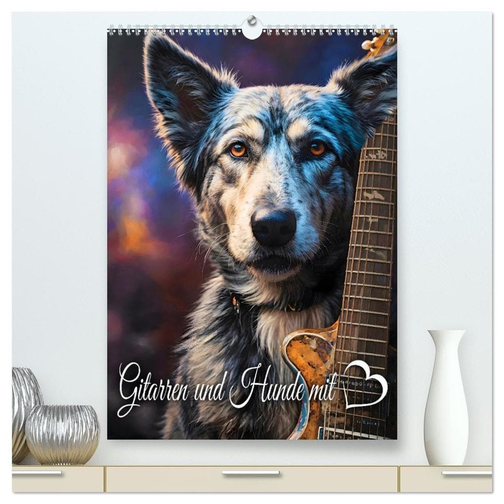 Gitarren und Hunde mit Herz (hochwertiger Premium Wandkalender 2026 DIN A2 hoch), Kunstdruck in Hochglanz