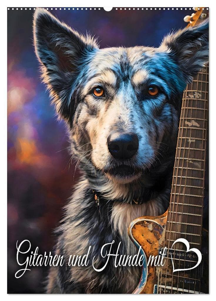 Gitarren und Hunde mit Herz (Wandkalender 2026 DIN A2 hoch), CALVENDO Monatskalender