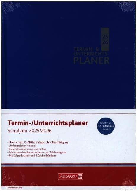 BRUNNEN Termin- & Unterrichtsplaner (2025/2026), 2 Seiten = 1 Woche, A5, 224 Seiten, Kunststoff-Einband Baladek, blau
