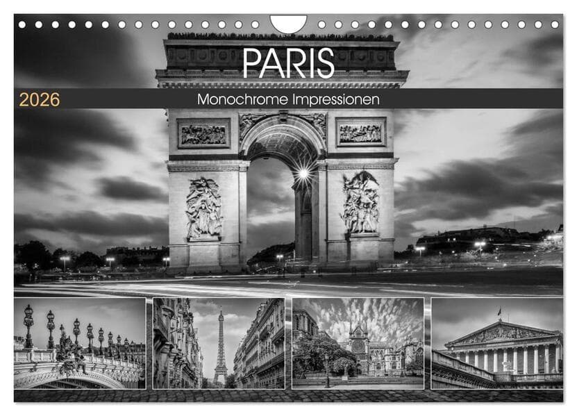 PARIS Monochrome Impressionen (Wandkalender 2026 DIN A4 quer), CALVENDO Monatskalender: Französisches Flair und Historie