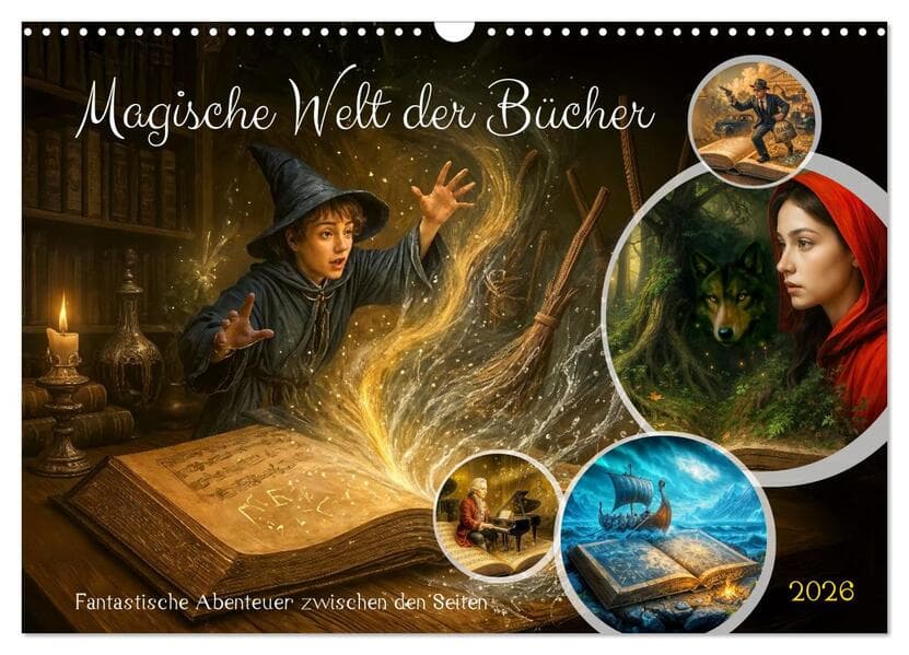 Magische Welt der Bücher - Fantastische Abenteuer zwischen den Seiten (Wandkalender 2026 DIN A3 quer), CALVENDO Monatskalender