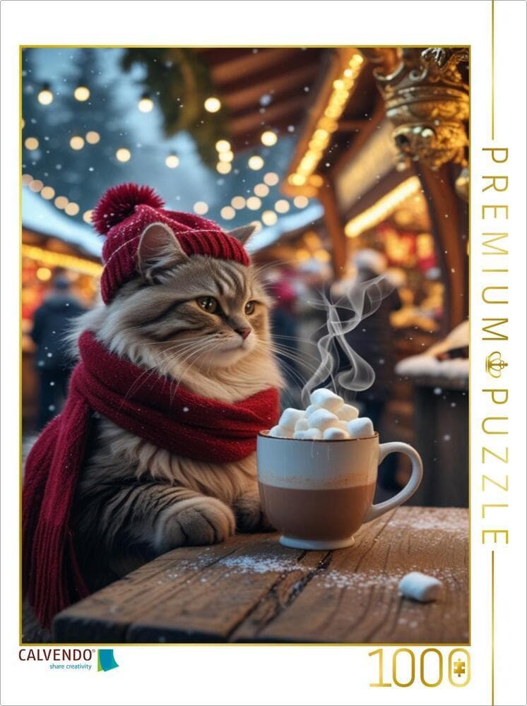 CALVENDO Puzzle Winterkatze mit heißem Kakao - niedliches Weihnachtsbild für Katzenfreunde Winterka
