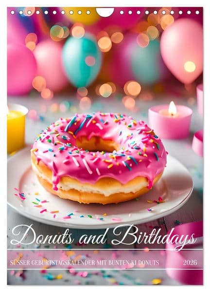 Donuts and Birthdays, süßer Geburtstagskalender mit bunte KI Donuts (Wandkalender 2026 DIN A4 hoch), CALVENDO Monatskalender