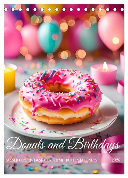 Donuts and Birthdays, süßer Geburtstagskalender mit bunte KI Donuts (Tischkalender 2026 DIN A5 hoch), CALVENDO Monatskalender