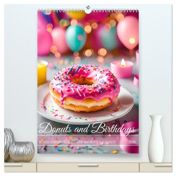 Donuts and Birthdays, süßer Geburtstagskalender mit bunte KI Donuts (hochwertiger Premium Wandkalender 2026 DIN A2 hoch), Kunstdruck in Hochglanz