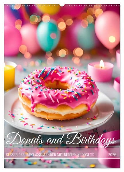 Donuts and Birthdays, süßer Geburtstagskalender mit bunte KI Donuts (Wandkalender 2026 DIN A2 hoch), CALVENDO Monatskalender