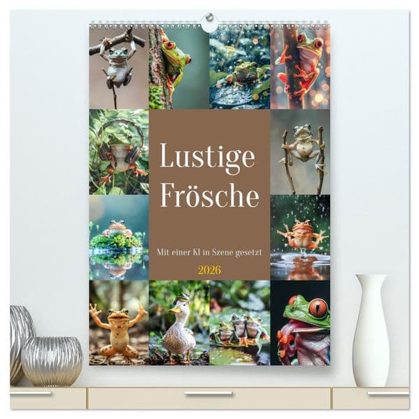 Lustige Frösche (hochwertiger Premium Wandkalender 2026 DIN A2 hoch), Kunstdruck in Hochglanz: Diese fröhlichen Amphibien verbreiten Freude und bringen die Zuschauer zum Schmunzeln, während sie sich in einem humorvollen Abenteuer voller Quatsch und Spaß befinden.