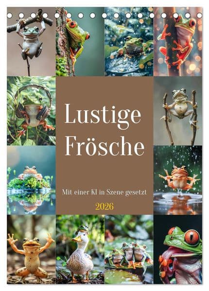 Lustige Frösche (Tischkalender 2026 DIN A5 hoch), CALVENDO Monatskalender: Diese fröhlichen Amphibien verbreiten Freude und bringen die Zuschauer zum Schmunzeln, während sie sich in einem humorvollen Abenteuer voller Quatsch und Spaß befinden.