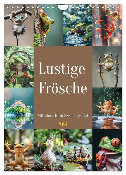 Lustige Frösche (Wandkalender 2026 DIN A4 hoch), CALVENDO Monatskalender: Diese fröhlichen Amphibien verbreiten Freude und bringen die Zuschauer zum Schmunzeln, während sie sich in einem humorvollen Abenteuer voller Quatsch und Spaß befinden..DE