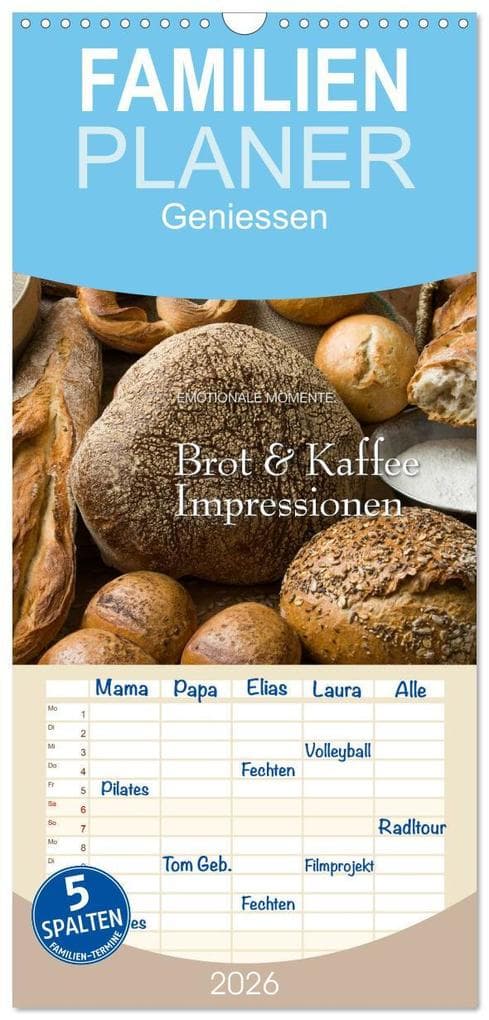 Familienplaner 2026 - Brot & Kaffee Impressionen 2026 mit 5 Spalten (Wandkalender, 21 x 45 cm) CALVENDO