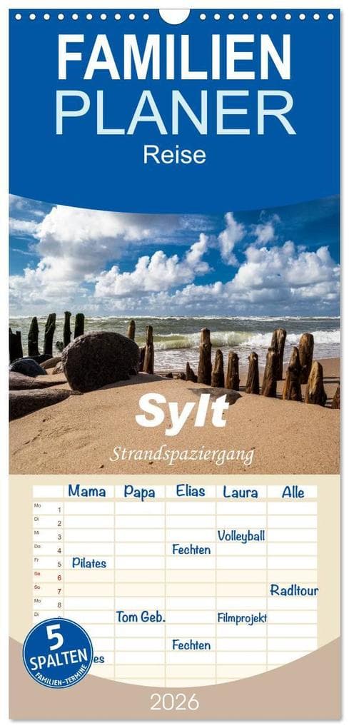Familienplaner 2026 - Sylt - Strandspaziergang mit 5 Spalten (Wandkalender, 21 x 45 cm) CALVENDO
