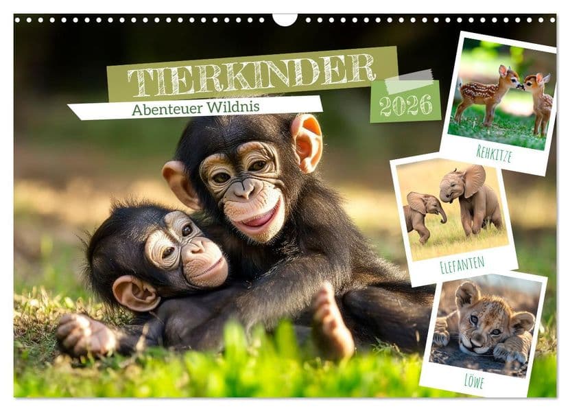 TIERKINDER Abenteuer Wildnis (Wandkalender 2026 DIN A3 quer), CALVENDO Monatskalender: Kleine Pfoten entdecken die große Welt