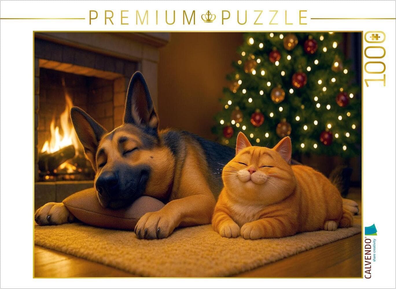 CALVENDO Puzzle Weihnachtsentspannung - Schäferhund und Katze am Kamin | 1000 Teile Lege-Größe 64x48