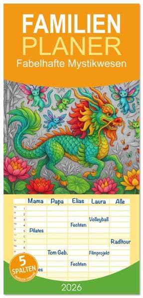 Familienplaner 2026 - Fabelhafte Mystikwesen mit 5 Spalten (Wandkalender, 21 x 45 cm) CALVENDO