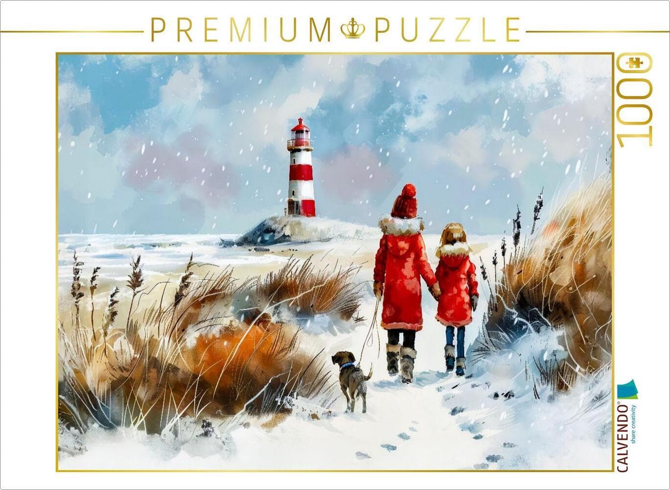 CALVENDO Puzzle Winterspaziergang mit Hund am Meer Aquarellbild | 1000 Teile Lege-Größe 64x48cm Foto-Puzzle für glückliche Stunden: Aquarell im Winter Zwei Kinder mit Hund spazieren durch Schnee und Dünen zum Leuchtturm.