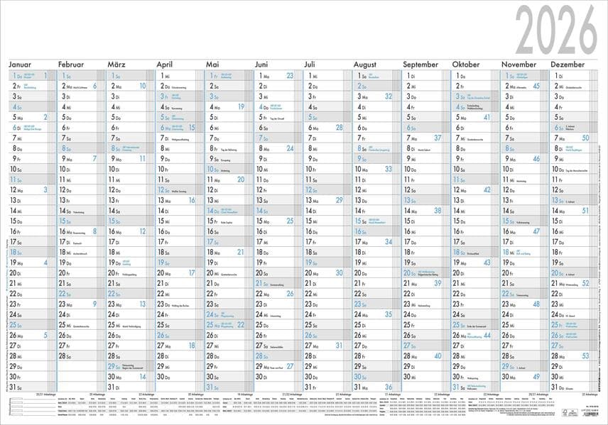 Zettler Plakatkalender 12 Monate 2026 - Jahreswandkalender 100 x 70 cm, 1 Seite mit 5 Spalten zur Urlaubsplanung, Tages-, Wochen- & Arbeitstagezählung, Ferientermine, schwarz/blau, 1 Stück gerollt