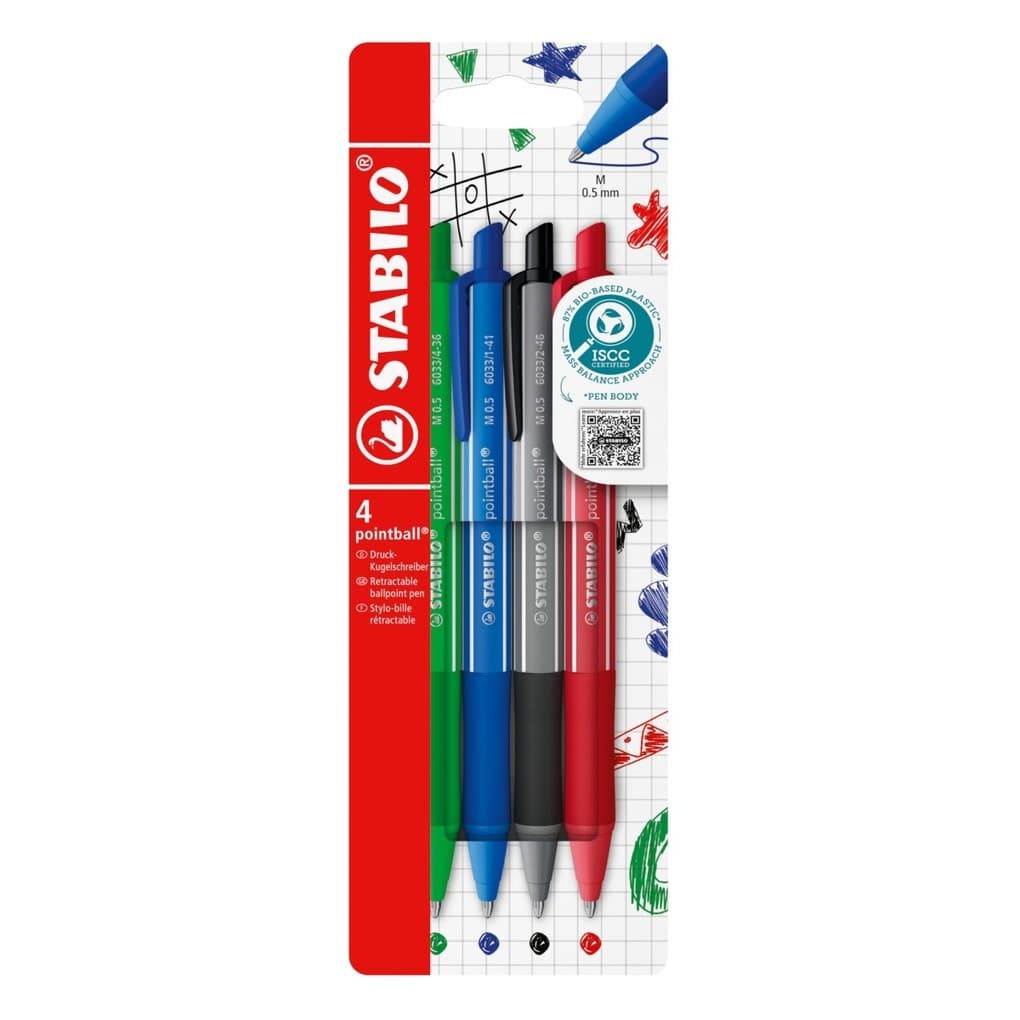 STABILO Druck-Kugelschreiber - pointball colorful, 4er Set, ultramarinblau, dunkelgrau, rostrot, minzgrün