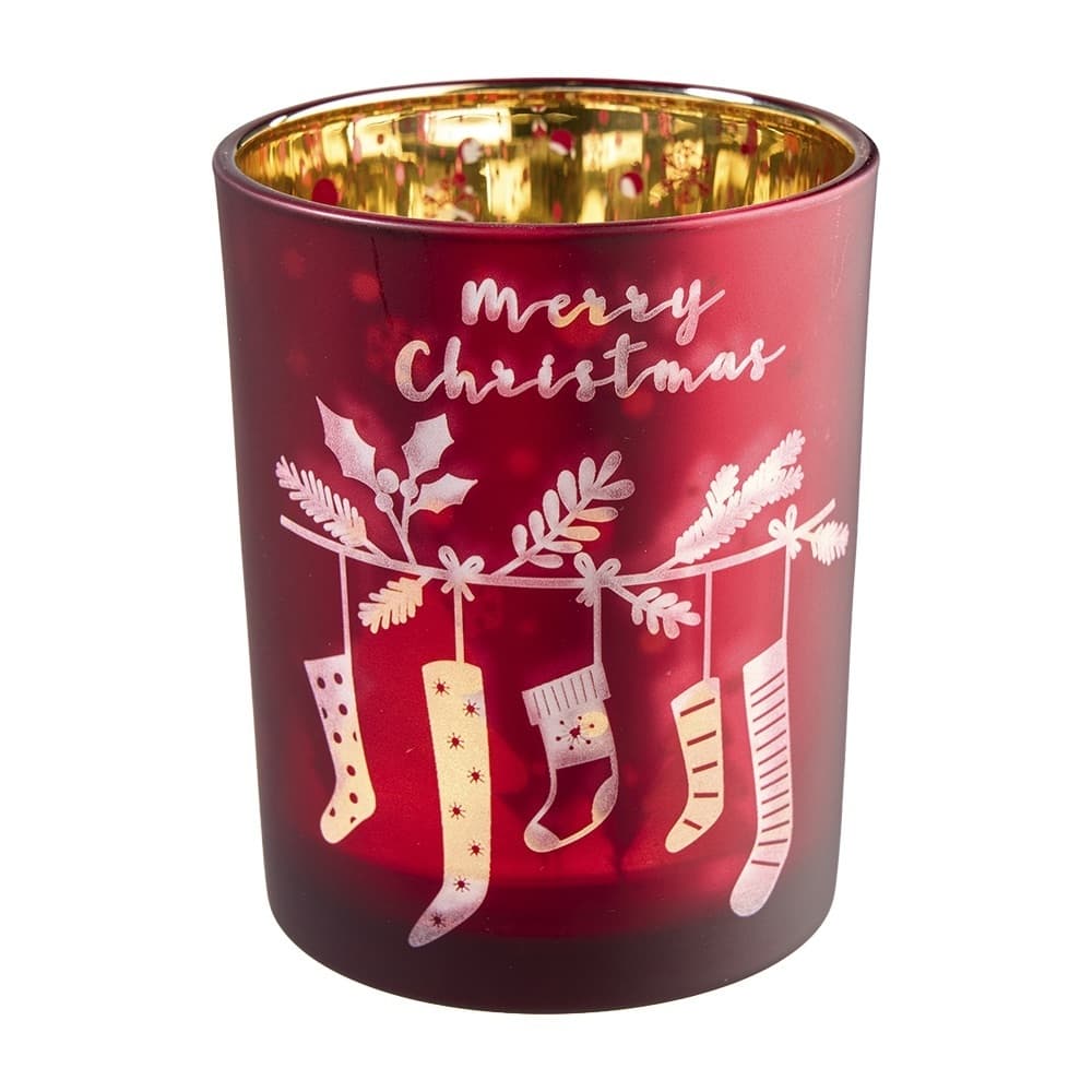 Glas Windlicht D10H12,5cm Merry Christmas - rot