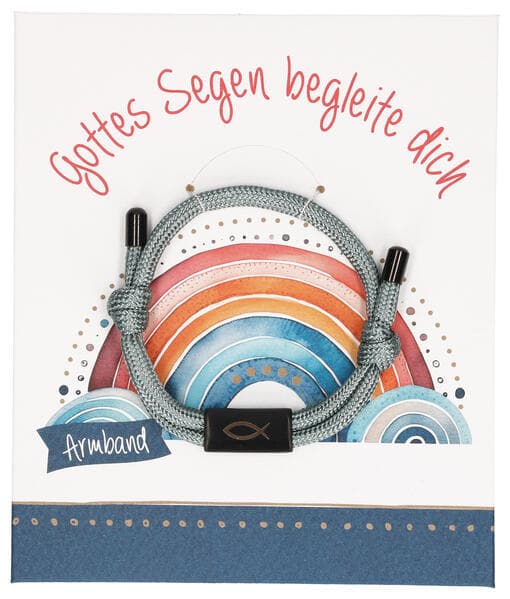 Graues Textil-Armband mit schwarzem Fisch-Anhänger: Gottes Segen begleite dich