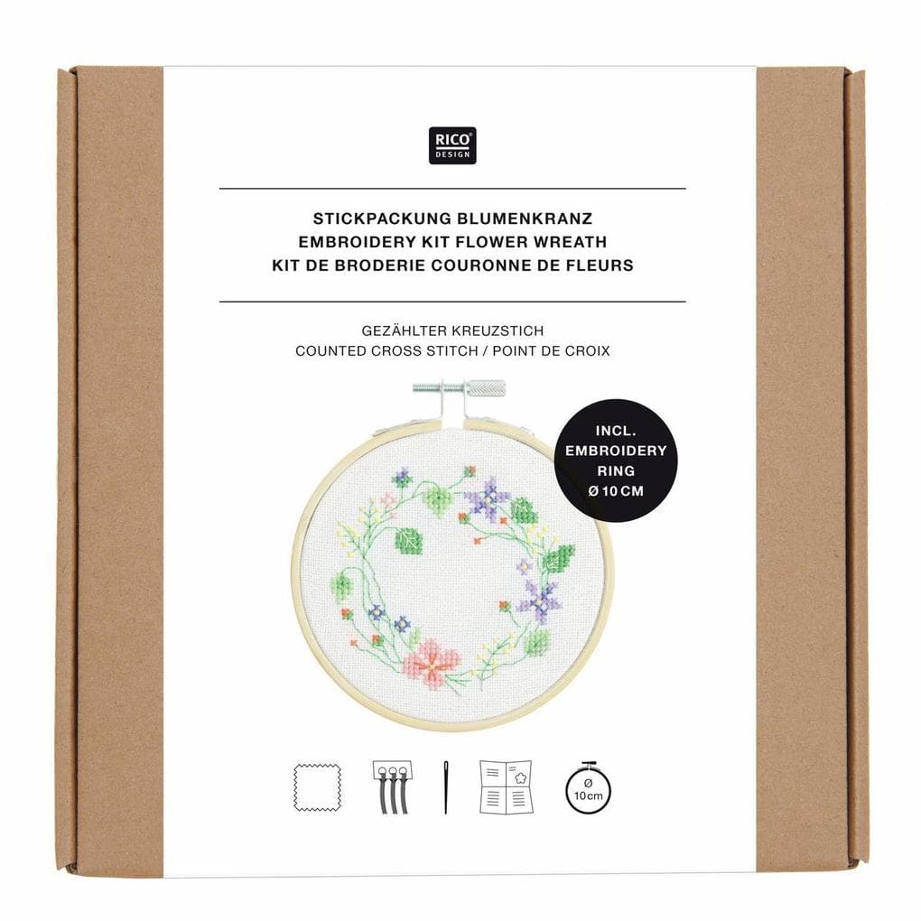 Stickpackung Gezählter Kreuzstich, Blumenkranz, Ø 10 cm