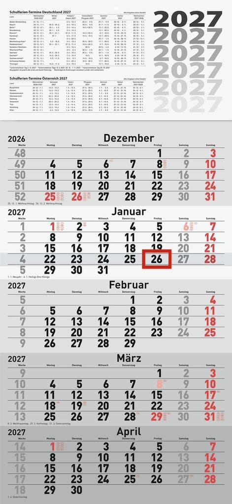 rido/idé 7033520007 5-Monatskalender 2027 grau, 300×630 mm