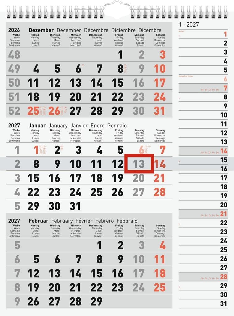 rido/idé 7033330007 3-Monatskalender 2027 grau, 300×390 mm