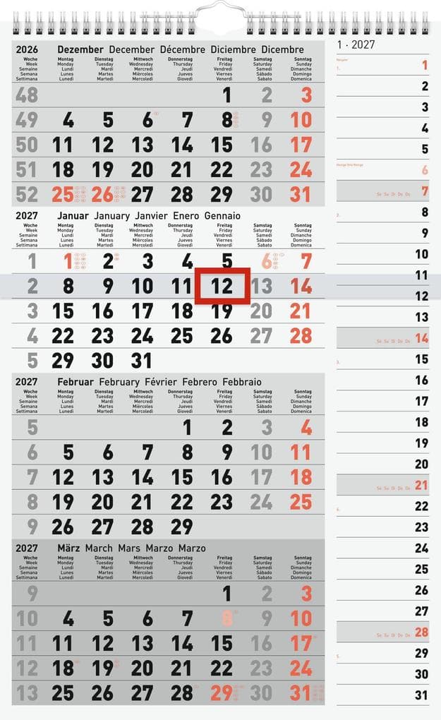 rido/idé 7033430007 4-Monatskalender 2027 grau, 300×490 mm