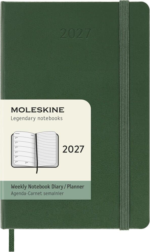 Moleskine 12 Monate Wochen Notizkalender 2027, Pocket/A6, 1 Wo = 1 Seite, rechts linierte Seite, Fester Einband, Myrtengrün