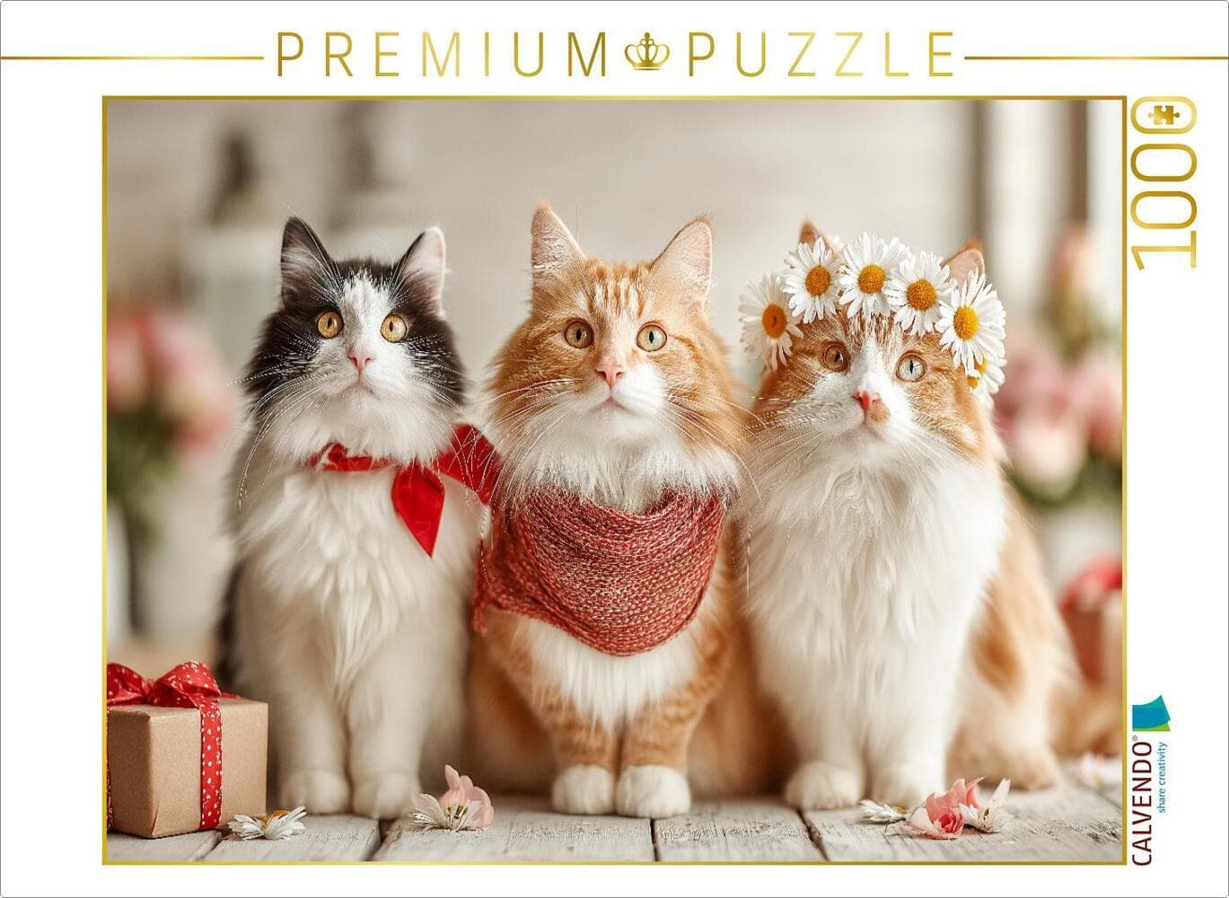 CALVENDO Puzzle Süße Katzen mit Blumen und Geschenk | 1000 Teile Lege-Größe 64x48cm Foto-Puzzle für glückliche Stunden